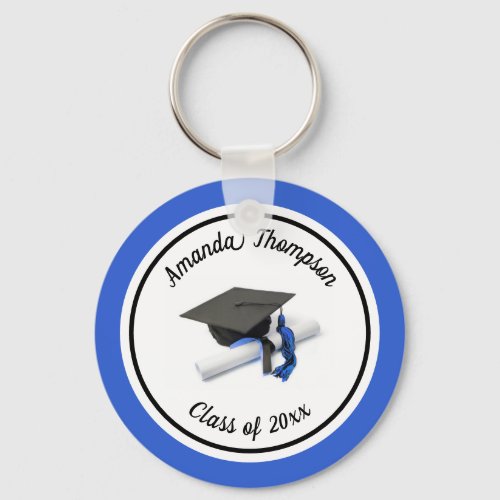 Black and Blue Graduation Cap and Tassel Keychain