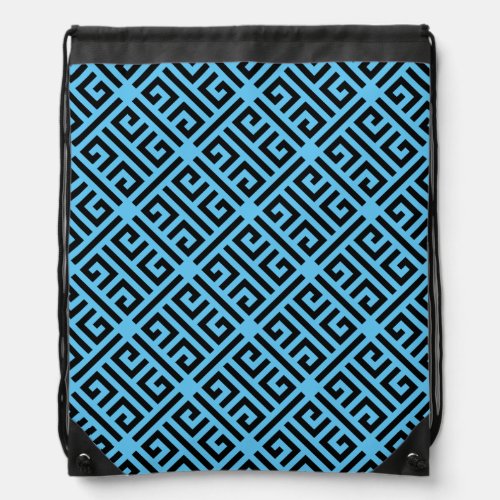 Black and Blue Greek Key Pattern Drawstring Bag