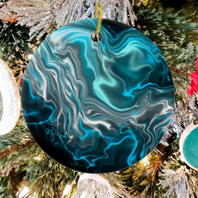 Black and Blue Marble Fluid Art Personalized  Ceramic Ornament (Creator Uploaded)