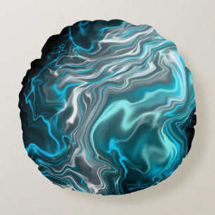 Black and Blue Marble Fluid Art  Round Pillow