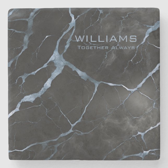 Black and Blue Marble Texture Personalized Stone Coaster (Front)