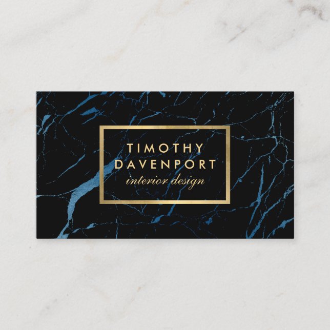Black and Blue Marble with Faux Gold Text Designer Business Card (Front)