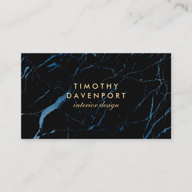 Black and Blue Marble with Faux Gold Text II Business Card (Front)