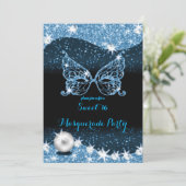 black and blue masquerade sweet 16 with glitter invitation (Standing Front)