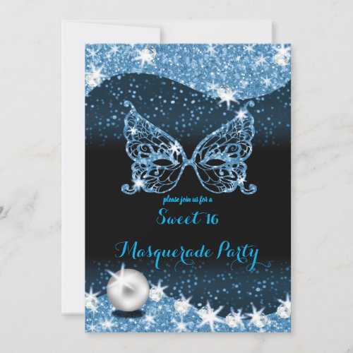 black and blue masquerade sweet 16 with glitter invitation