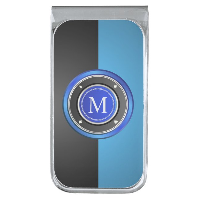 Black and Blue Monogram Poker Chip Silver Finish Money Clip (Front Vertical)