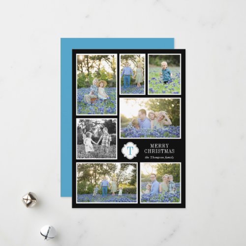 Black and Blue Monogramed Seven Photo Holiday Card