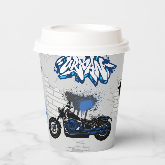 Black and blue motorbike gray paper cups (Front)