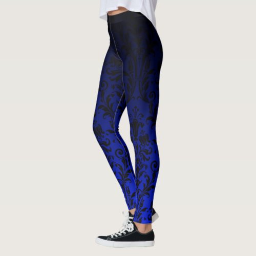 Black And Blue Ombre Gradient Fade Floral Damask Leggings