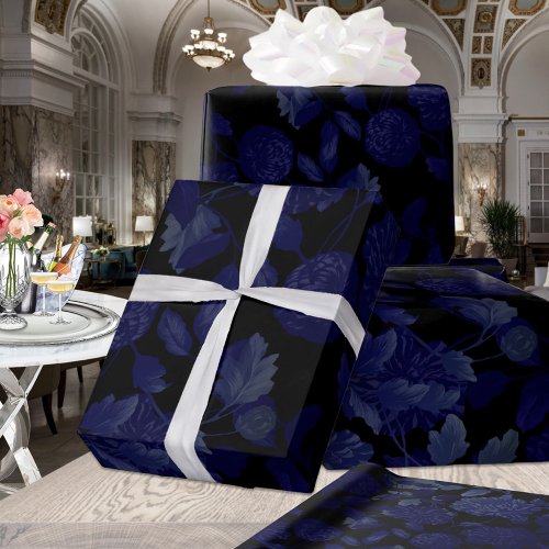 Black And Blue Ombre Modern Vintage Floral Toile Wrapping Paper