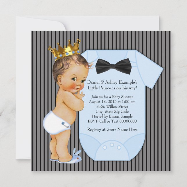 Black and Blue Pinstripe Prince Baby Shower Invitation (Front)