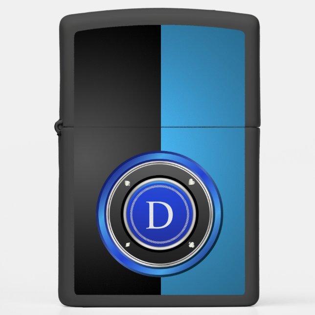 Black and Blue Poker Chip with Monogram Zippo Lighter (Front)