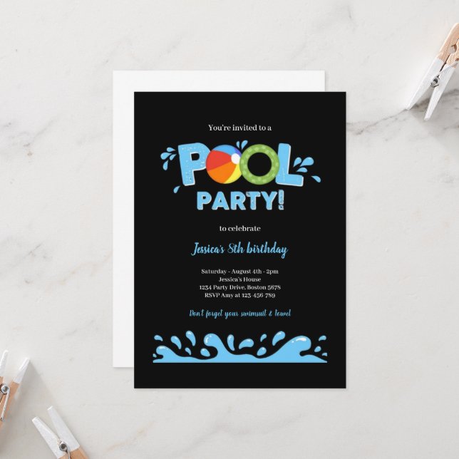 BLACK AND BLUE POOL BIRTHDAY PARTY INVITATION (Front/Back In Situ)