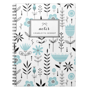 Black and Blue Scandinavian Floral Pattern Notebook