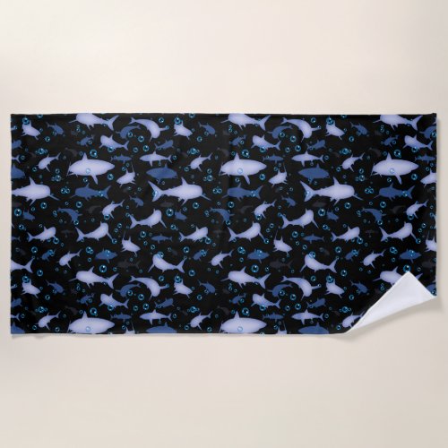 Black and Blue Shark Silhouette Pattern Beach Towel