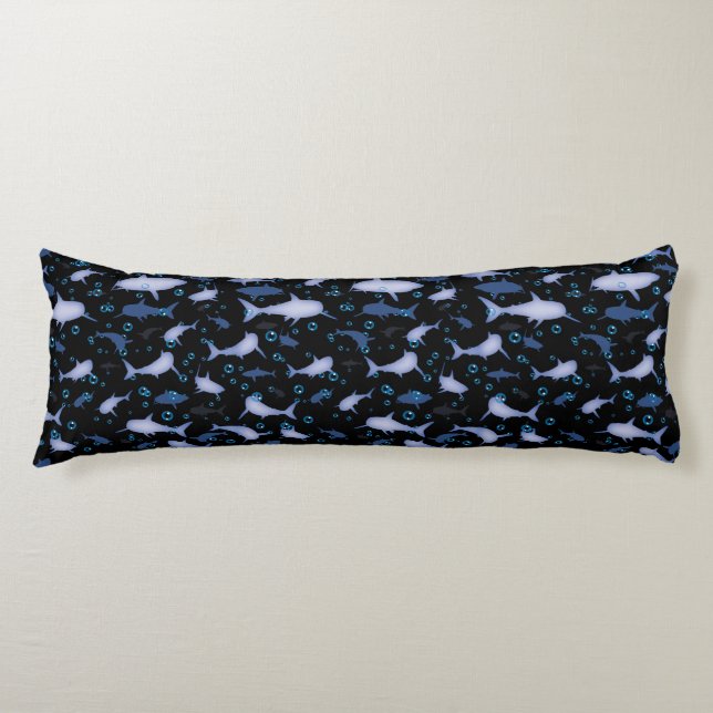 Black and Blue Shark Silhouette Pattern Body Pillow (Front)