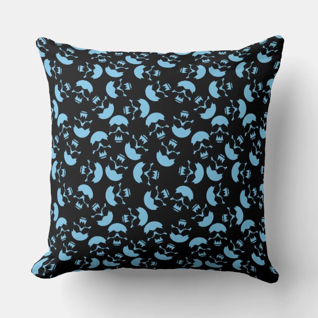 Black and Blue Skull Pattern Throw Pillow (Front)