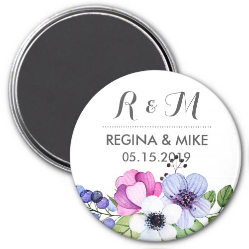Black and Blue Spring Flower Wedding Monogram Magnet
