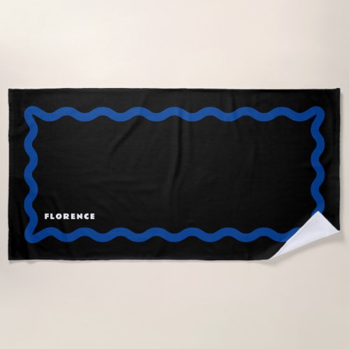 Black and Blue Squiggle with White Text Beach Towel