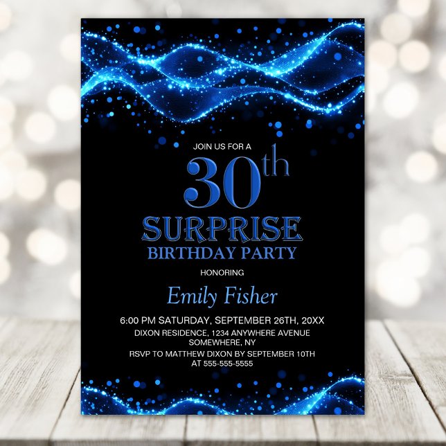Black and Blue Surprise 30th Birthday Party Invitation (Creator Uploaded)
