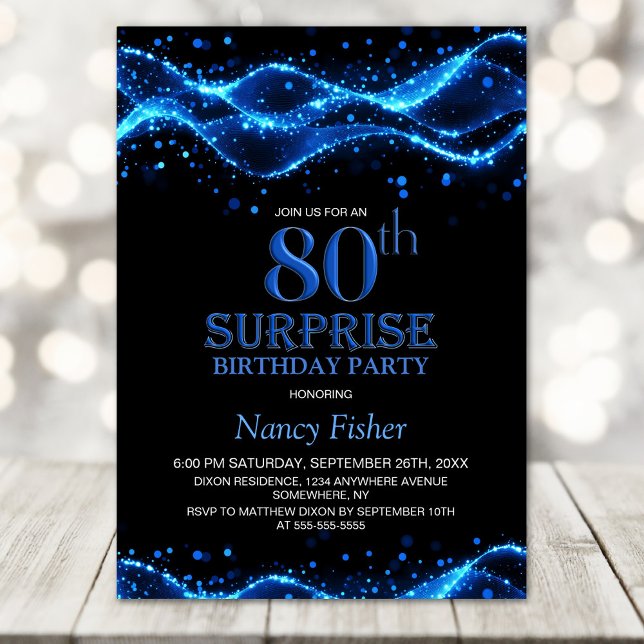 Black and Blue Surprise 80th Birthday Party Invitation (Creator Uploaded)