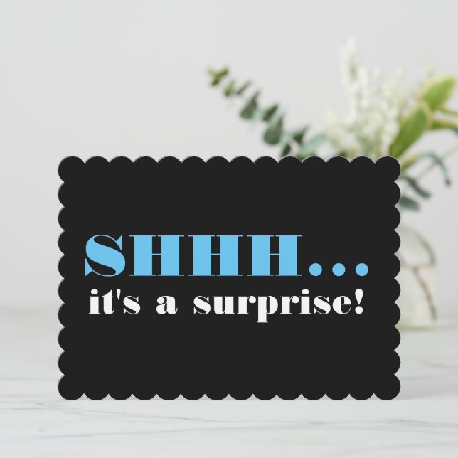 Black and Blue Surprise Birthday Party Invitation (Standing Front)