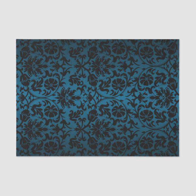 Black and Blue Teal  Floral Damask Tissue Paper (Front)