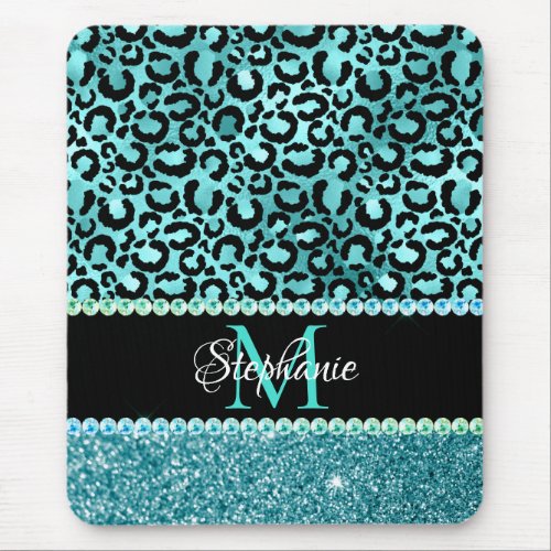 Black and Blue Teal Leopard Girly Glam Monogram Mouse Pad