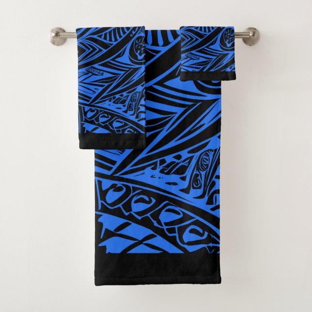 Black And Blue Tribal Abstract Bath Towel Set (Insitu)