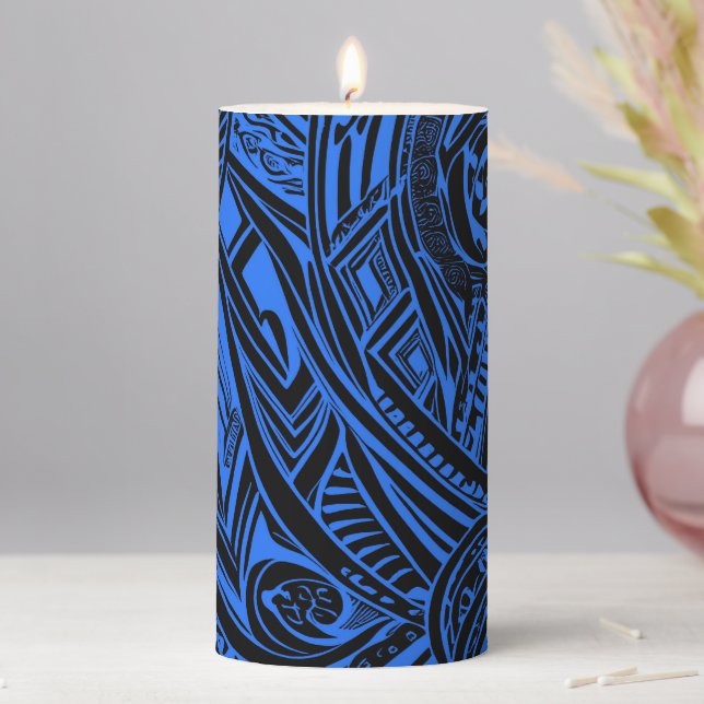Black And Blue Tribal Abstract  Pillar Candle (In Situ)