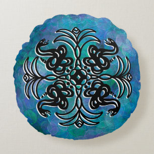 Black and Blue Tribal Snake Mandala   Round Pillow