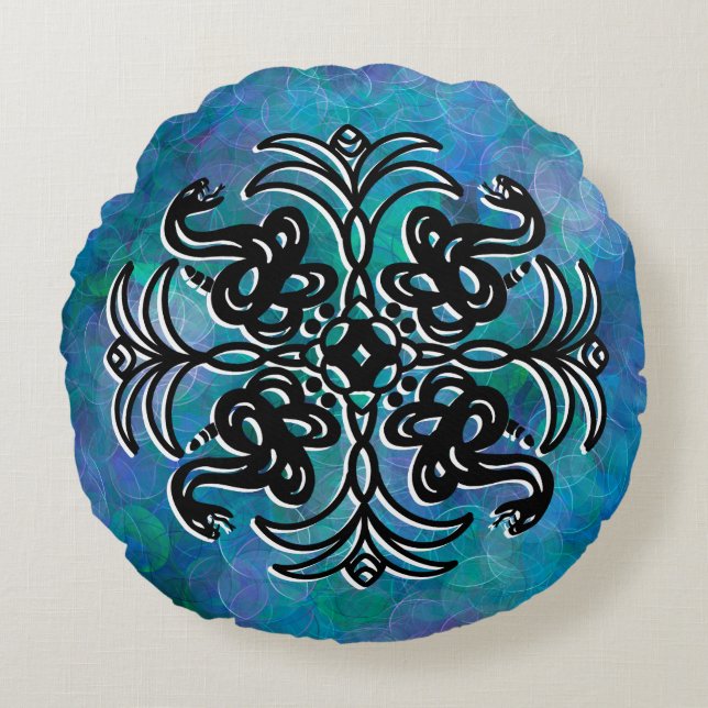 Black and Blue Tribal Snake Mandala   Round Pillow (Front)