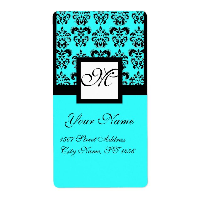 BLACK AND BLUE TURQUASE SQUARE DAMASK MONOGRAM LABEL (Front)