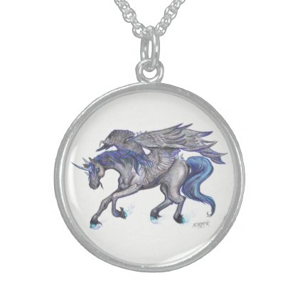 Black and Blue Unicorn with wings Sterling Silver Necklace