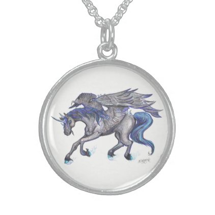 Black and Blue Unicorn with wings Sterling Silver Necklace