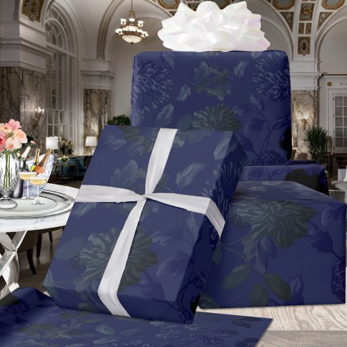 Black And Blue Vintage Floral Ombre Elegant Wrapping Paper