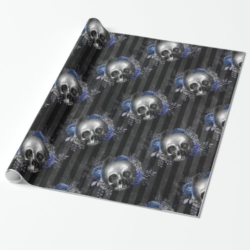 Black and Blue Vintage Grunge Floral Skulls Wrapping Paper