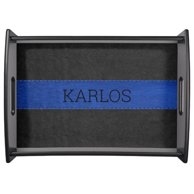 Black and blue vintage stitched leather serving tray (Front)