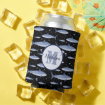 Black and Blue Watercolor Shark Monogram 🦈 Can Cooler