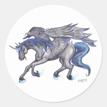 Black and Blue Winged unicorn Classic Round Sticker