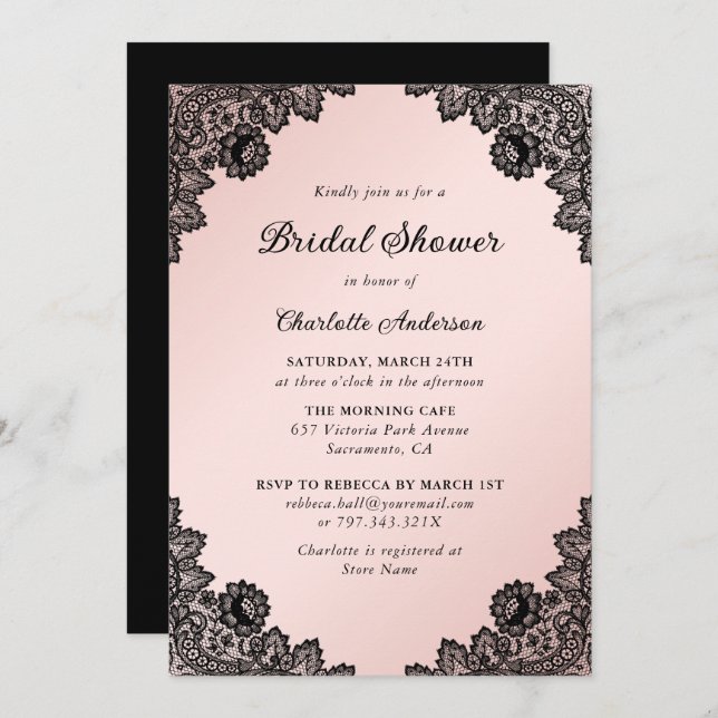 Black and Blush Floral Lace Bridal Shower Invitation (Front/Back)