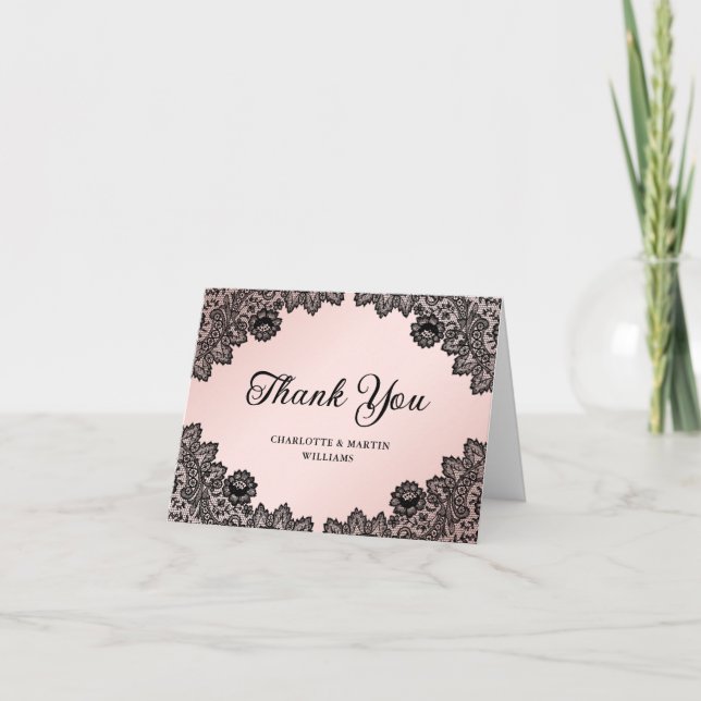 Black and Blush Floral Lace Wedding Thank You Card (Front)