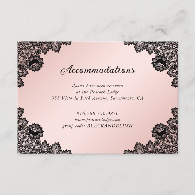 Black and Blush Lace Wedding Details Accommodation Enclosure Card (Front)