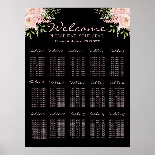 Black and Blush Pink Floral Wedding Seating Chart (Front)