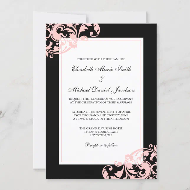 Black and Blush Pink Flourish Swirls Wedding Invitation | Zazzle