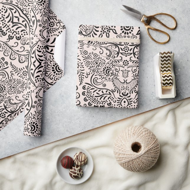 Black and Blush Pink Mehndi Paisley Indian Pattern Wrapping Paper (Crafts)