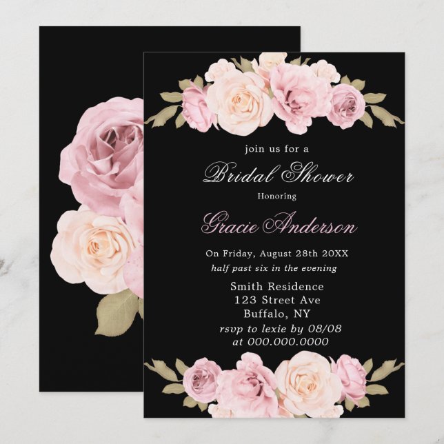 Black and Blush Pink Rose Bridal Shower Invitation (Front/Back)
