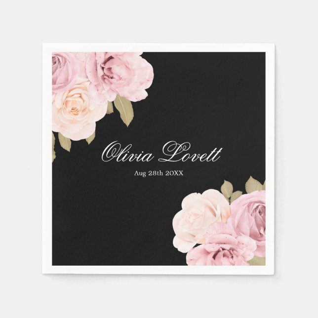 Black and Blush Pink Roses Chic Bridal Shower Napkins (Front)