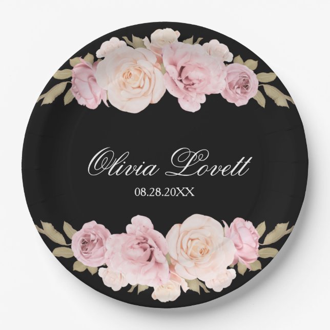 Black and Blush Pink Roses Chic Bridal Shower Paper Plates (Front)
