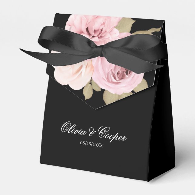 Black and Blush Pink Roses Chic Wedding Favor Boxes (Front Side)